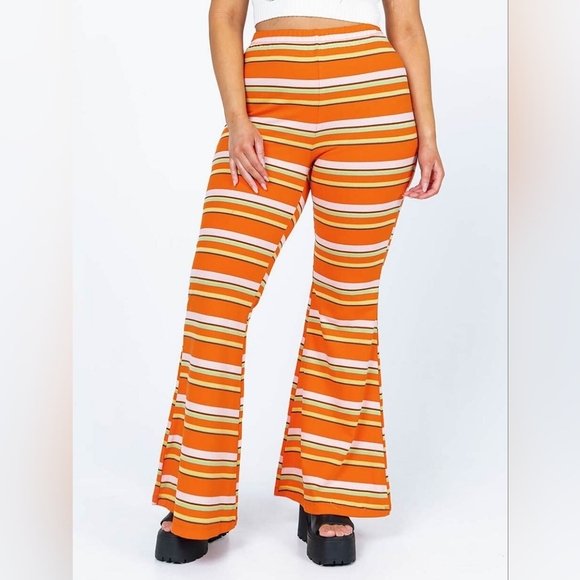 Princess Polly Pants - Princess Polly Women's Orange Striped Jackson Knit Flared Pull-on Pants Size 0